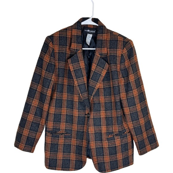 Sag Harbor Petite Vintage 90s Wool Blend Plaid Blazer Orange Brown Grey Size 10P - Picture 4 of 13